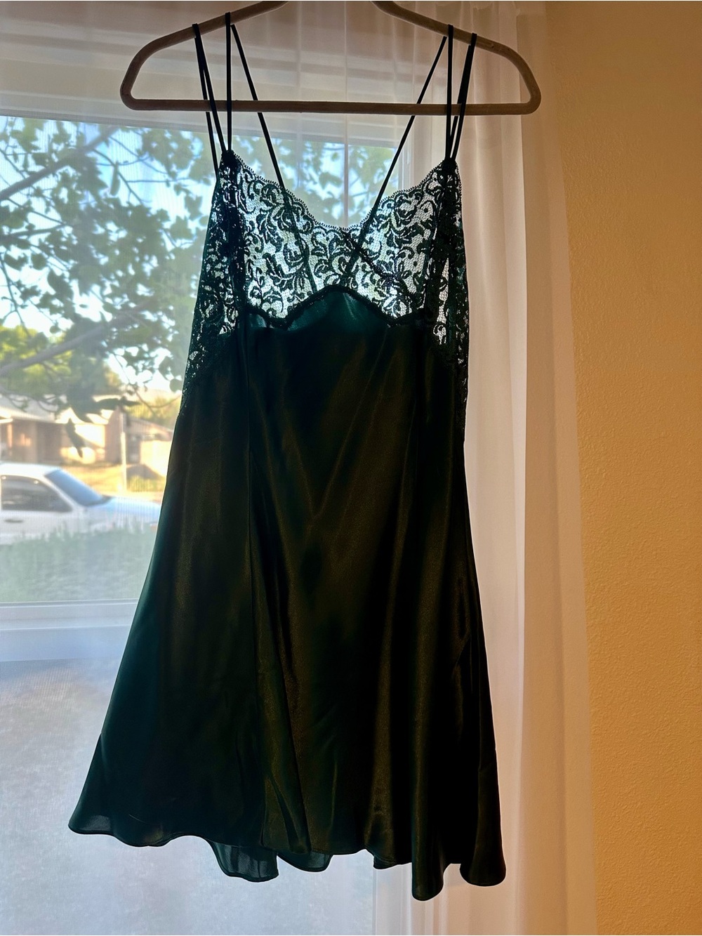 Vintage Y2K Victoria’s Secret Lace Trim Satin Chemise Slip Dress - Dark Green